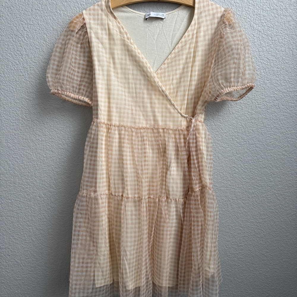 Zara girls cream gingham wrap dress size 13/14